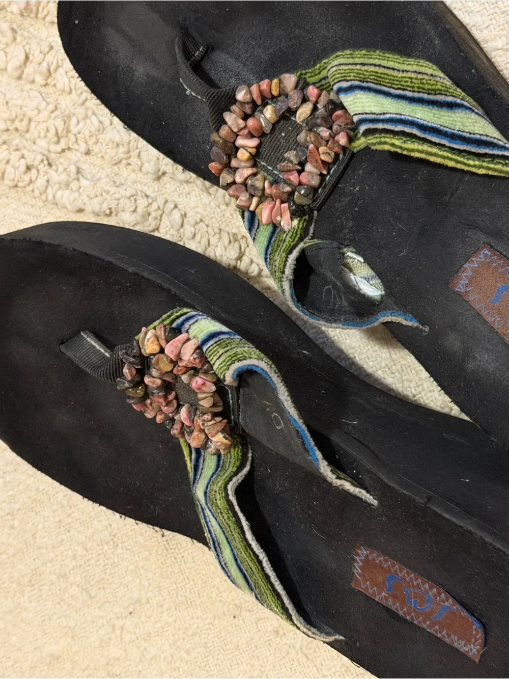 Wedge Beaded Flip Flop Sandals - Black with Multicolor Straps Jos Mundo